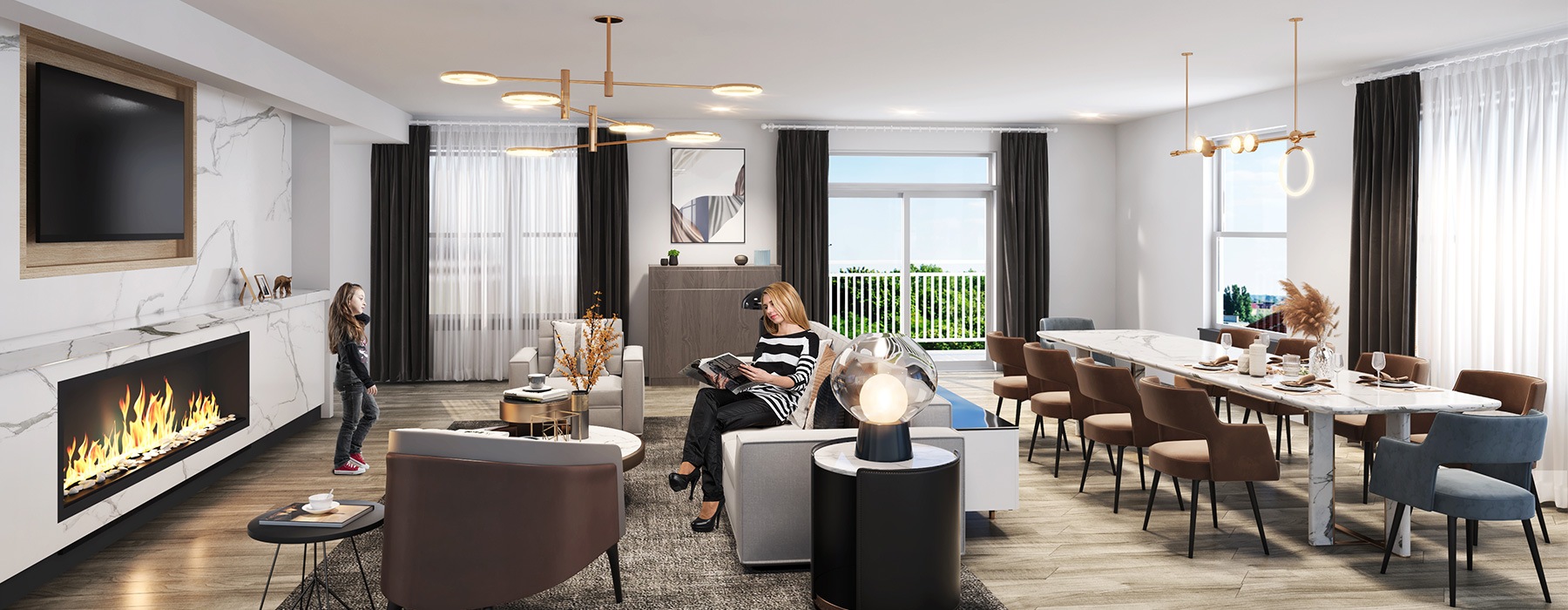 rendering of living area that has open areas for easy relaxing, connected dining room and ample seating