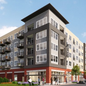 Whiskey River street view rendering of property showing spacious sidewalks, easy-to-access parking and landscaping
