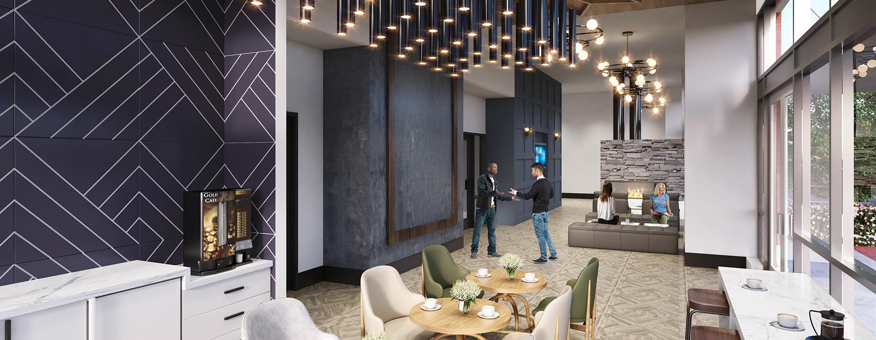 rendering of open lobby with high ceilings and modern decor